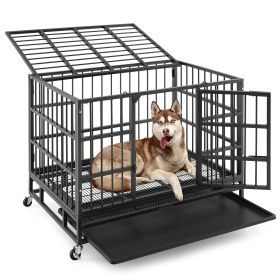 38 Inch Foldable Heavy-Duty Metal Dog Cage with Lockable Rolling Casters and Tray (Color: Black)