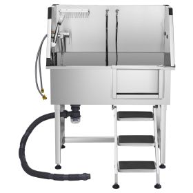 38 Inch Stainless Steel Dog Washing Station, Pet Grooming Tub with Hot & Cold Faucet, Showerhead, Home Wash Sink, Fits Small and Medium Cats and Dogs (Size/Ramp or Stairs/Door Opening Method: 38 inch/Stairs/Right)